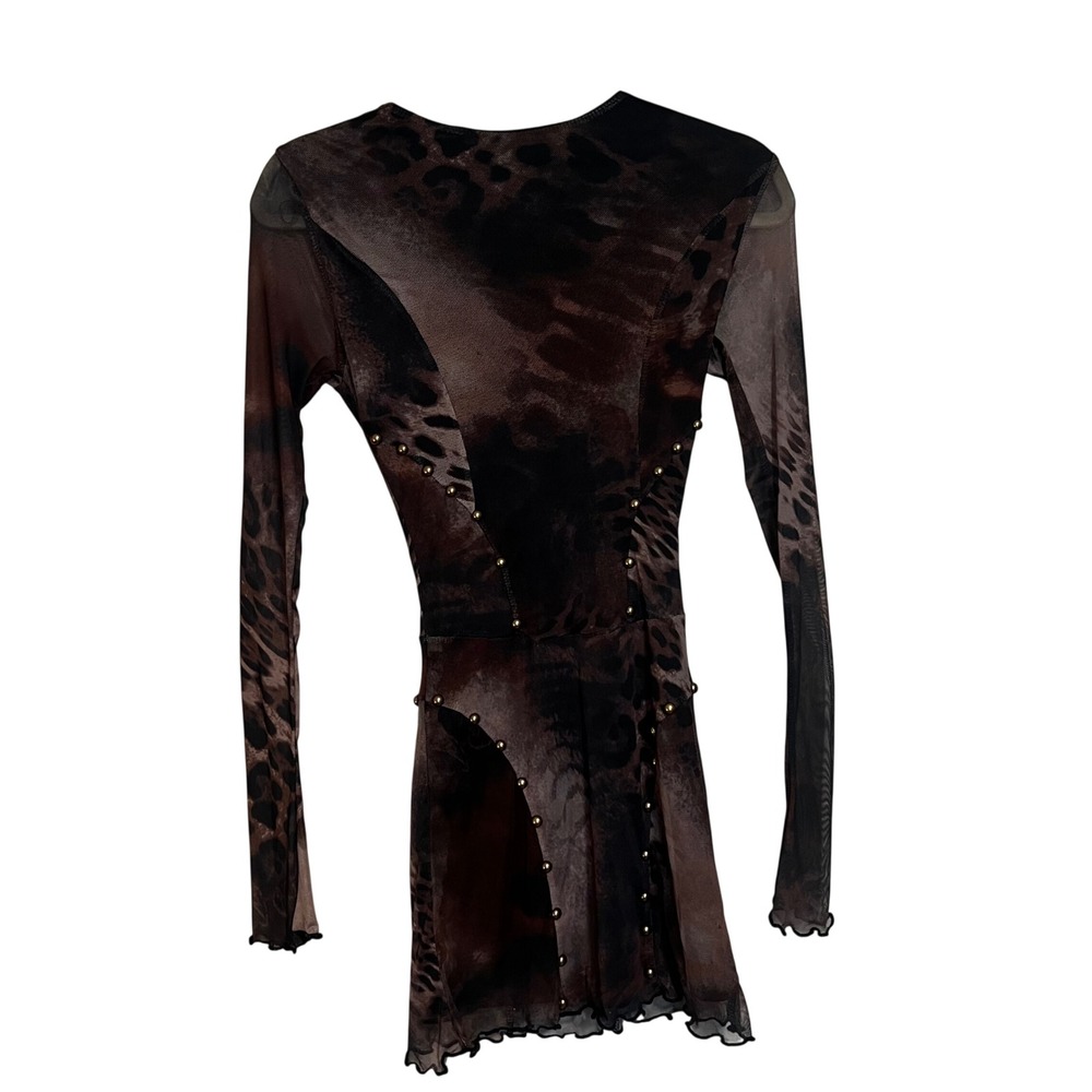 Windsor Leopard Print Mesh Studded Long Sleeve Mini Dress Brown Black XS
